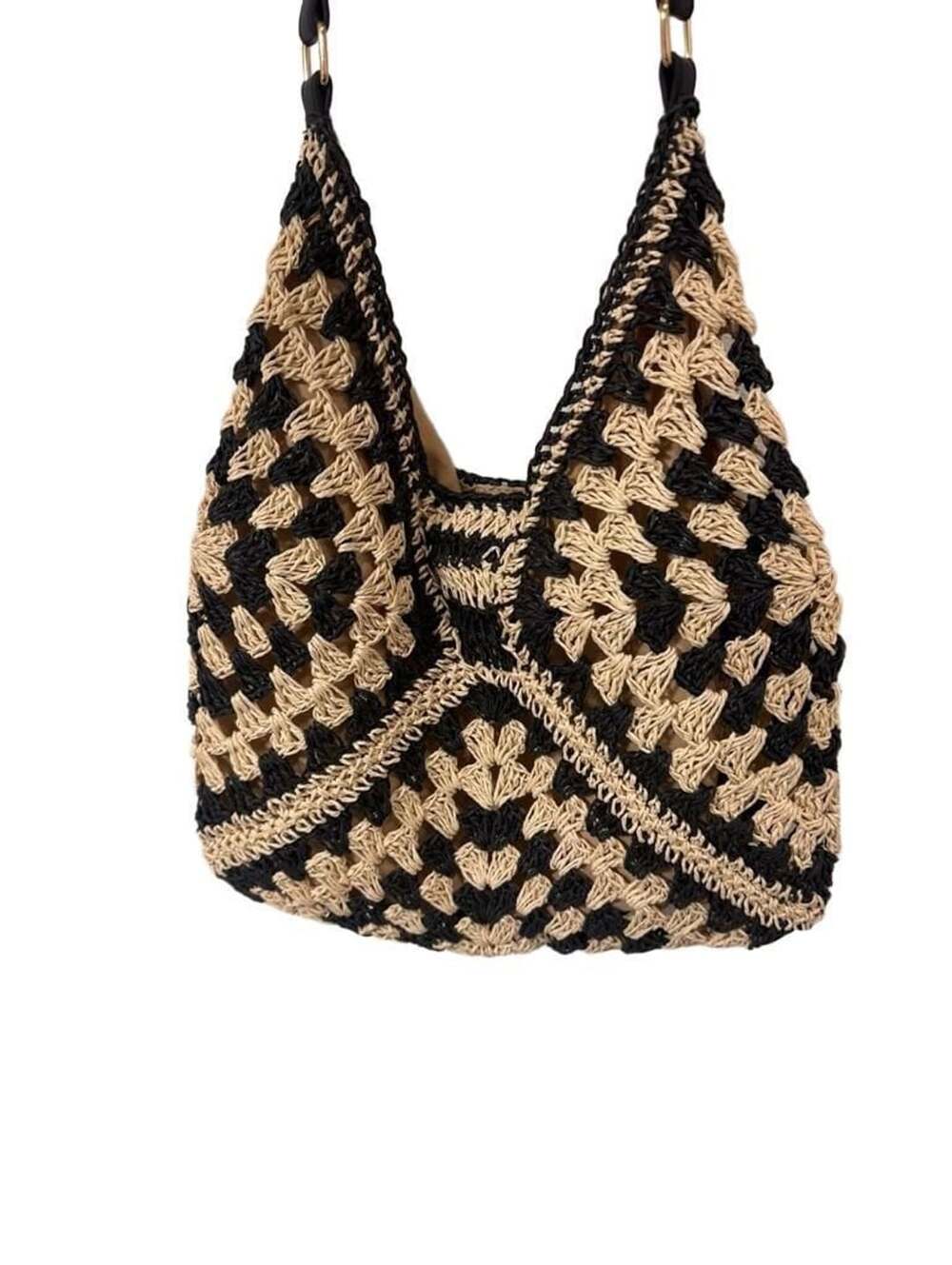 Forever 21 Black And Beige Woven Crochet Shoulder Bag